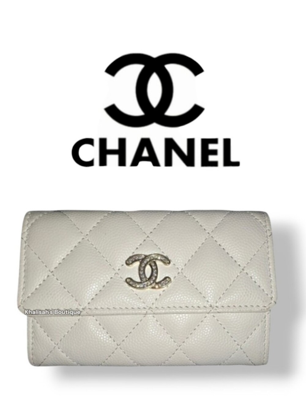 Ultra RARE! CHANEL CAVIAR CLASSIC FLAP CC CRYSTAL LOGO WHITE WALLET CARD CASE